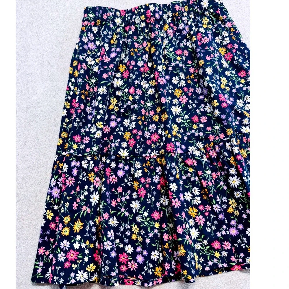 Old Navy Tiered Midi Skirt Kids Size L 10-12 Navy Blue Floral Daisy Ruffle Boho